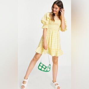ASOS New Look Tie-Back Shirred Smock Dress in Yellow Gingham
